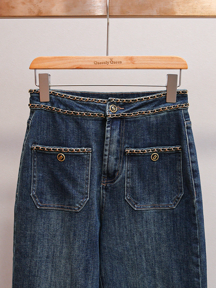 Women's Retro American Style Chain-Trim High-Waist Slimming Straight Wide-Leg Jeans