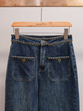 Women's Retro American Style Chain-Trim High-Waist Slimming Straight Wide-Leg Jeans