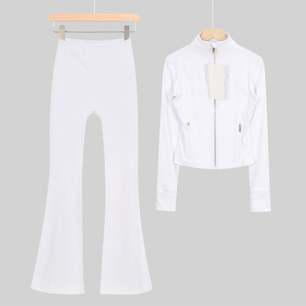 Women's Flared Cropped Stand Collar Yoga Tracksuit | Long Sleeve Zip-Up Jacket & Flare Leg Pants Set for Workout & Lounge