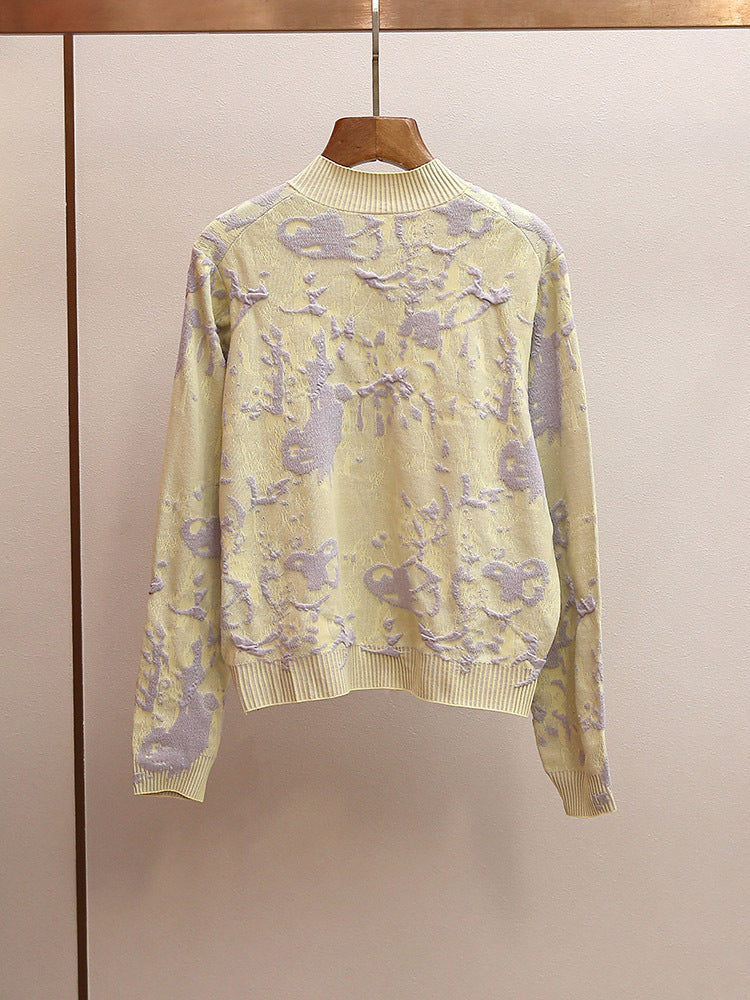 Women's Spring Textured Jacquard Zip Up Knit Jacket
