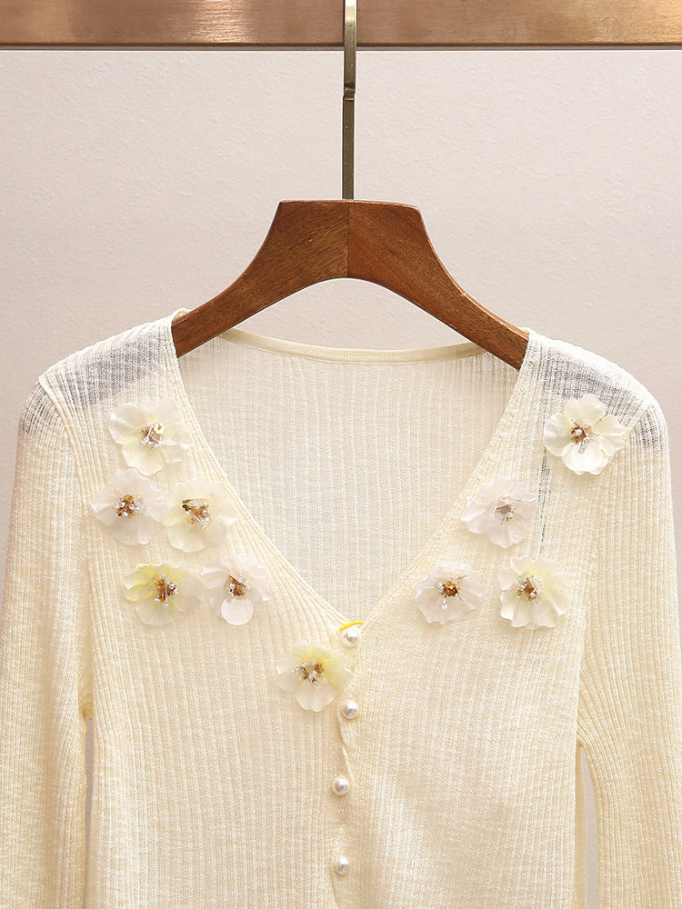 3D Floral Appliqué V-Neck Knit Cardigan | French Sweet Sheer Ribbed Top