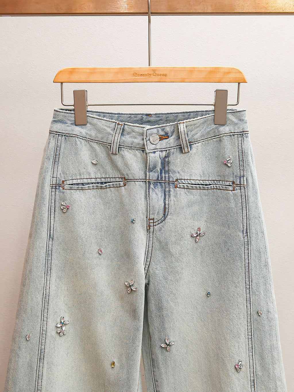 Rhinestone Embellished High-Waisted Wide Leg Jeans | Spring Light Wash Denim Pants