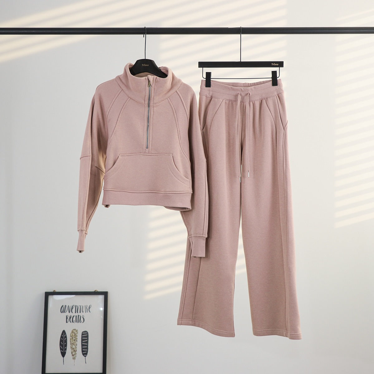 Women's Half-Zip Stand Collar Fleece Tracksuit Set – Oversized Scuba Hoodie & Wide Leg Yoga Pants for Workout & Lounge