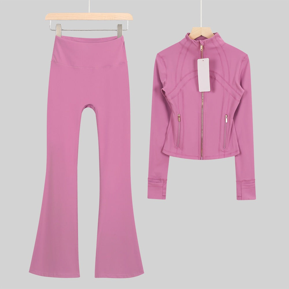 Women's Flared Cropped Stand Collar Yoga Tracksuit | Long Sleeve Zip-Up Jacket & Flare Leg Pants Set for Workout & Lounge