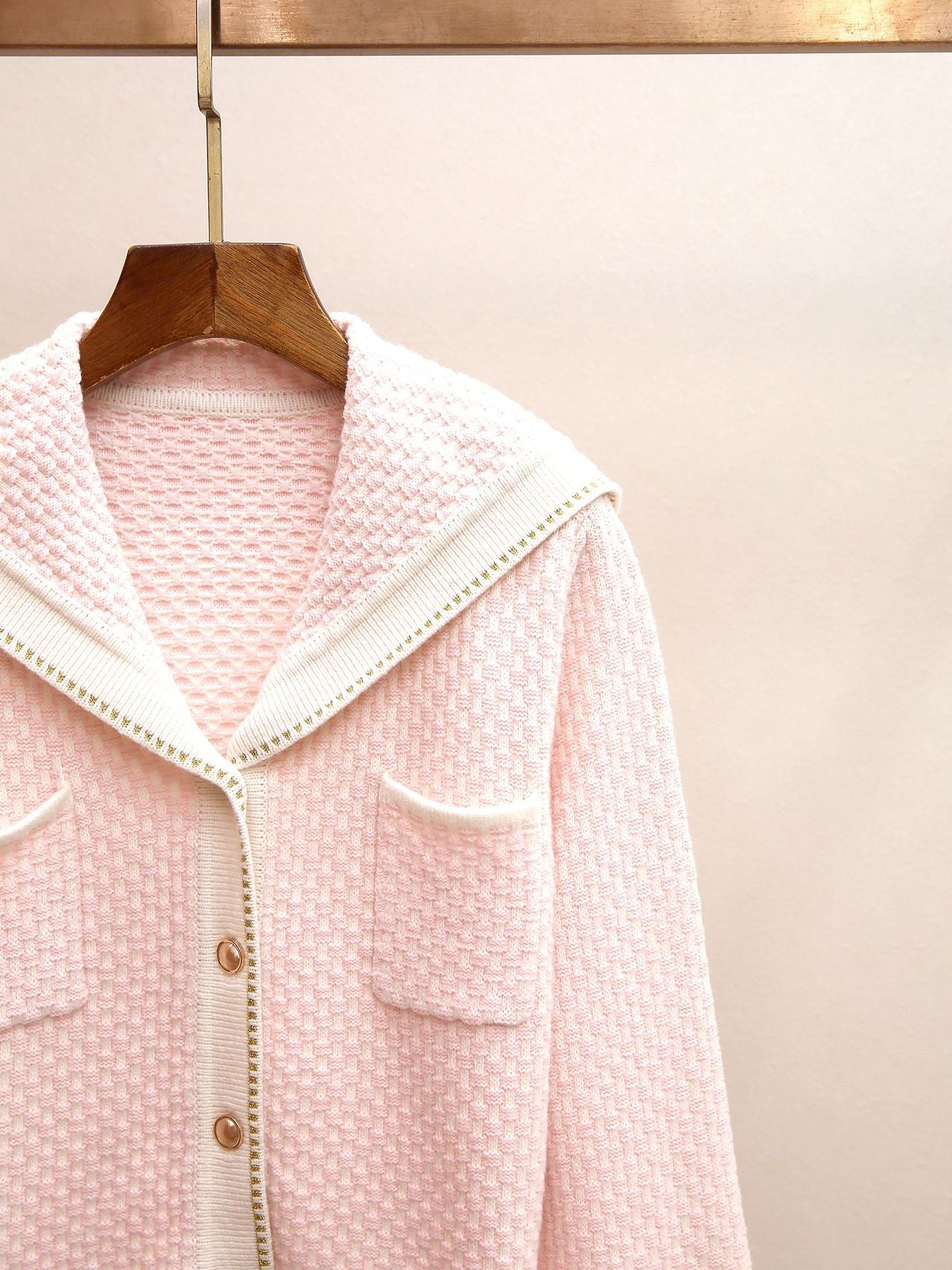 Women's Spring Sailor Collar Knit Cardigan, Color Block Textured French Chic Cropped Sweater Top
