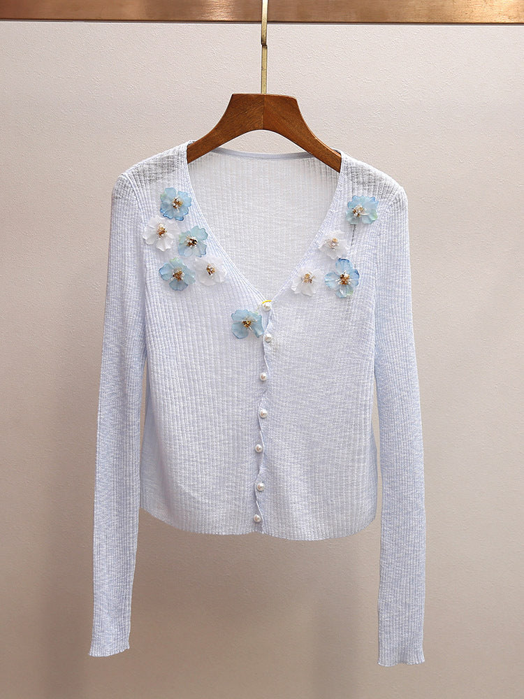 3D Floral Appliqué V-Neck Knit Cardigan | French Sweet Sheer Ribbed Top