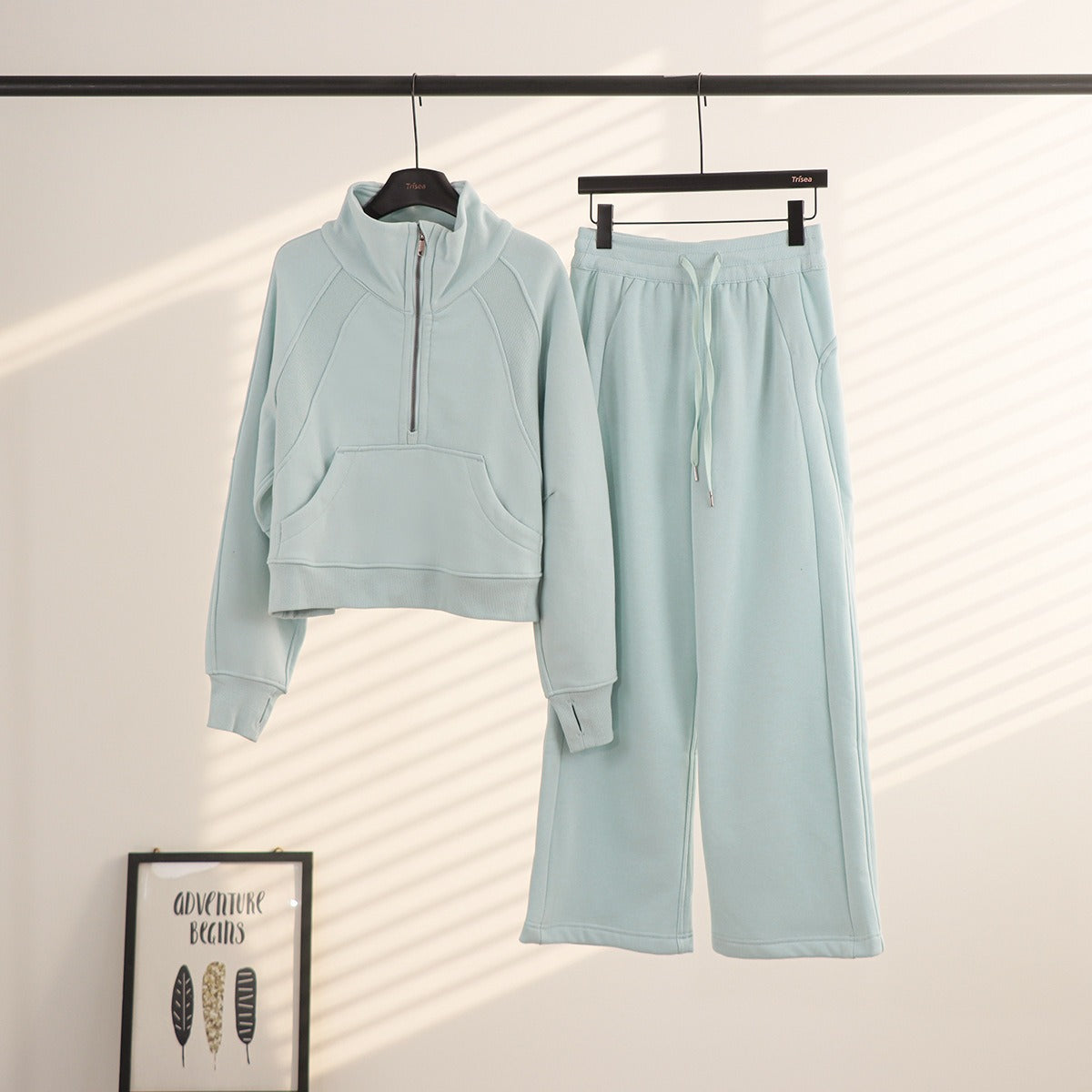 Women's Half-Zip Stand Collar Fleece Tracksuit Set – Oversized Scuba Hoodie & Wide Leg Yoga Pants for Workout & Lounge