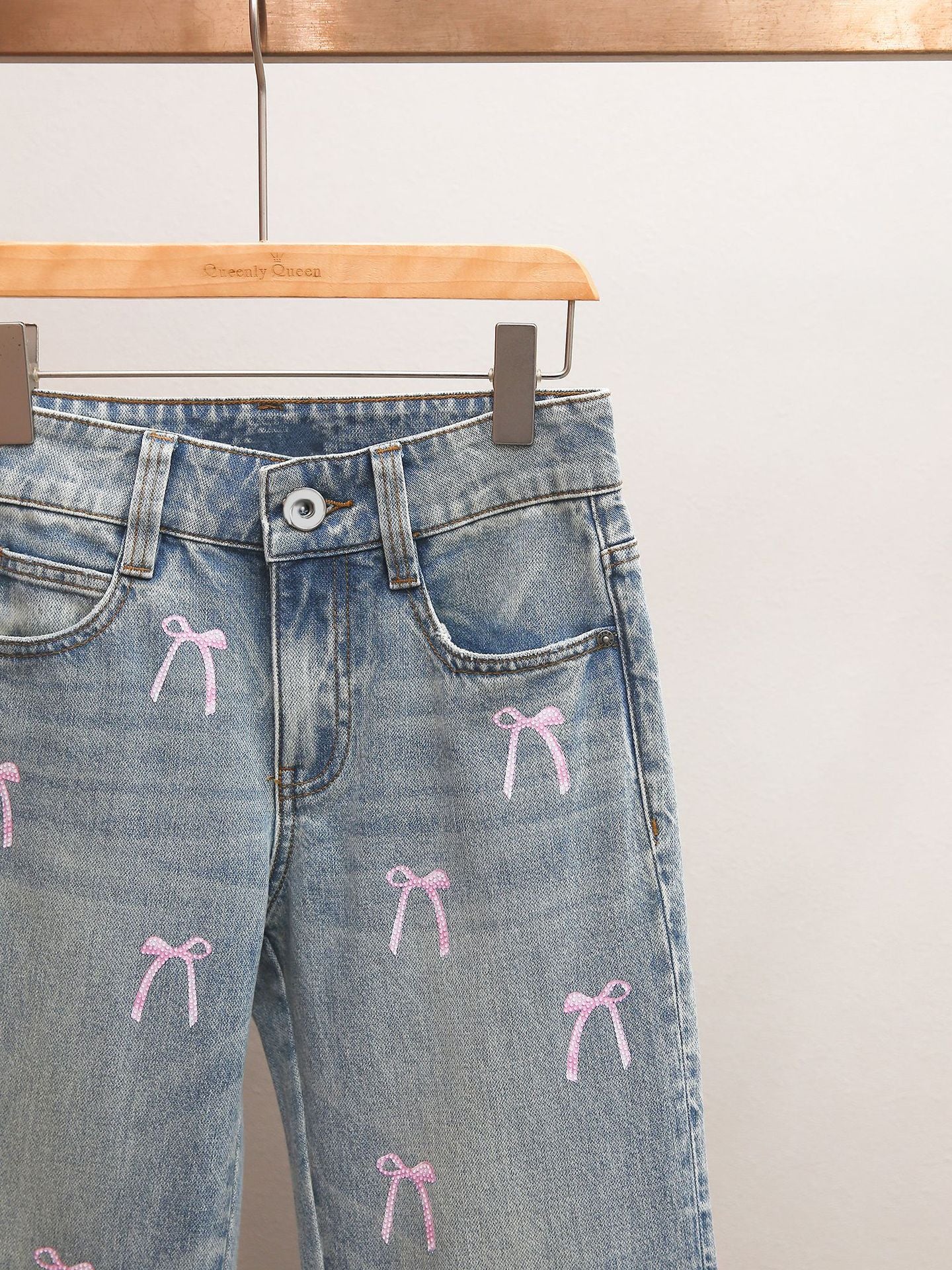 Pink Bow Embroidered High-Waisted Wide Leg Jeans | French Sweet Denim Pants