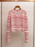 Women's Pastel Striped Knit Cardigan | Fluffy Fur Trim Cropped Knit Sweaters