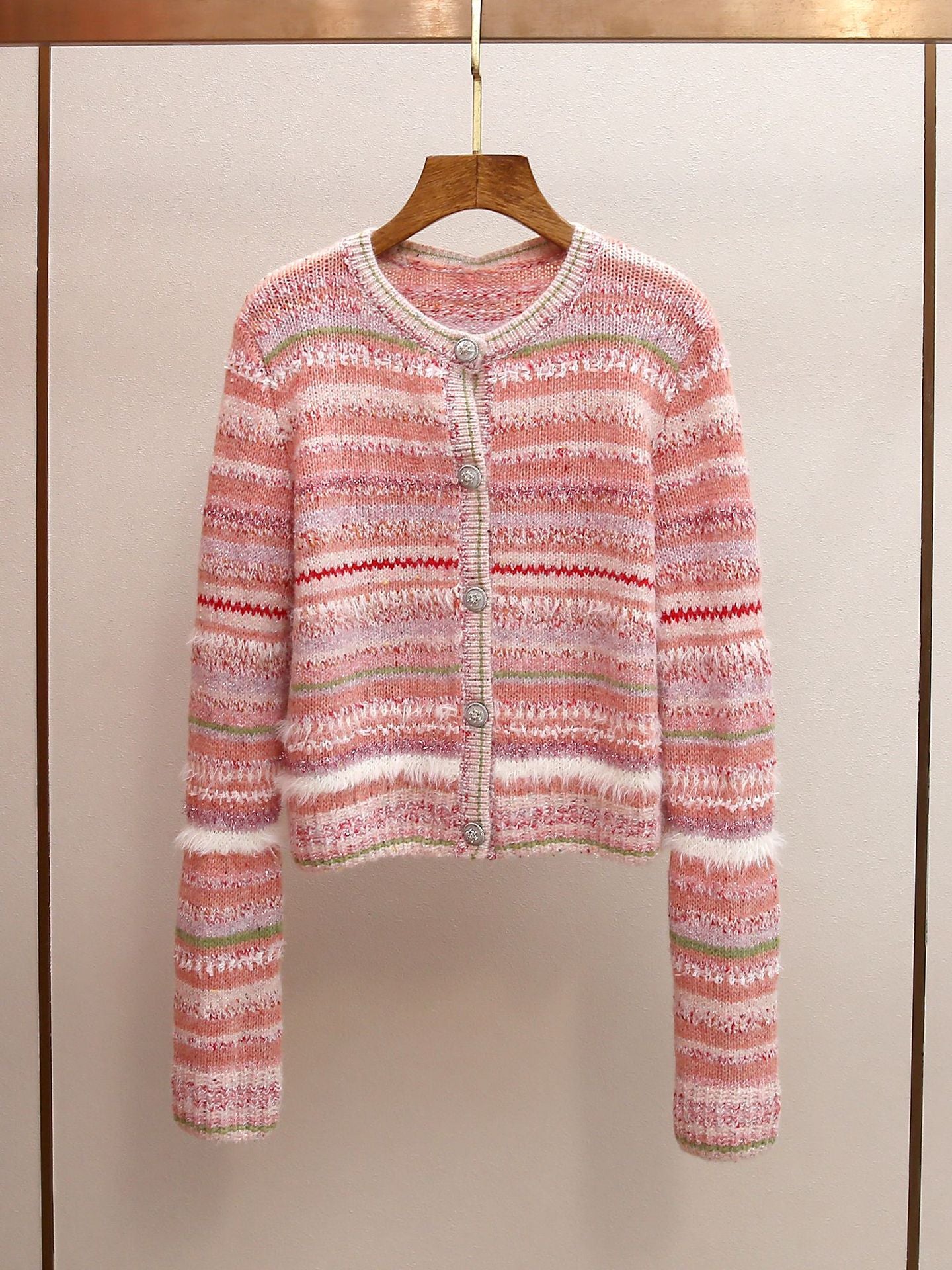 Women's Pastel Striped Knit Cardigan | Fluffy Fur Trim Cropped Knit Sweaters