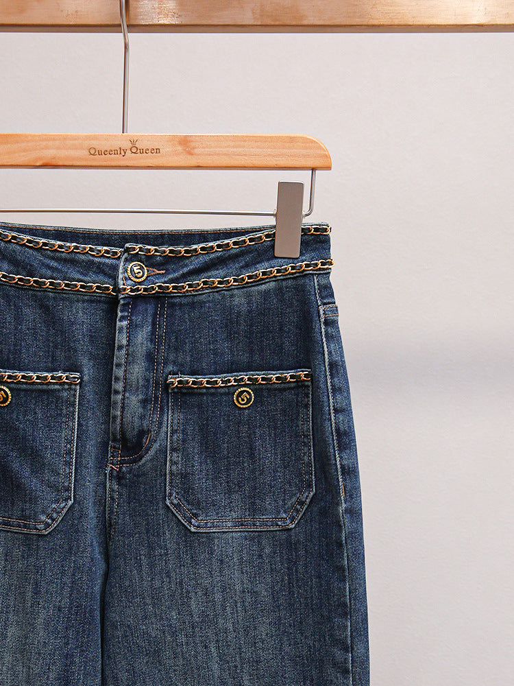 Women's Retro American Style Chain-Trim High-Waist Slimming Straight Wide-Leg Jeans