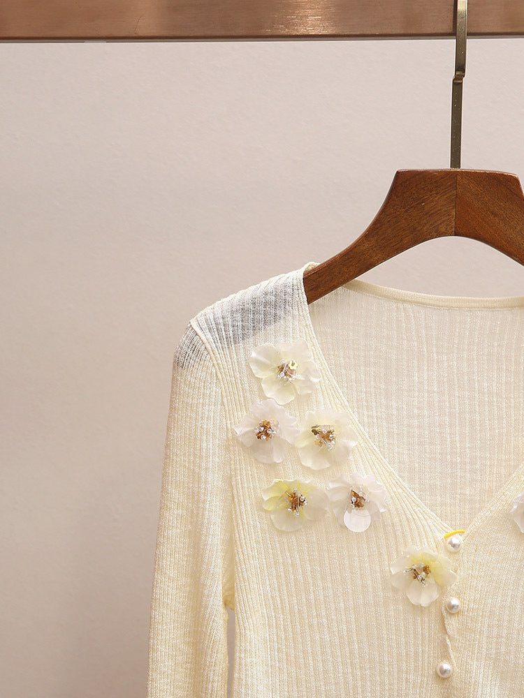 3D Floral Appliqué V-Neck Knit Cardigan | French Sweet Sheer Ribbed Top