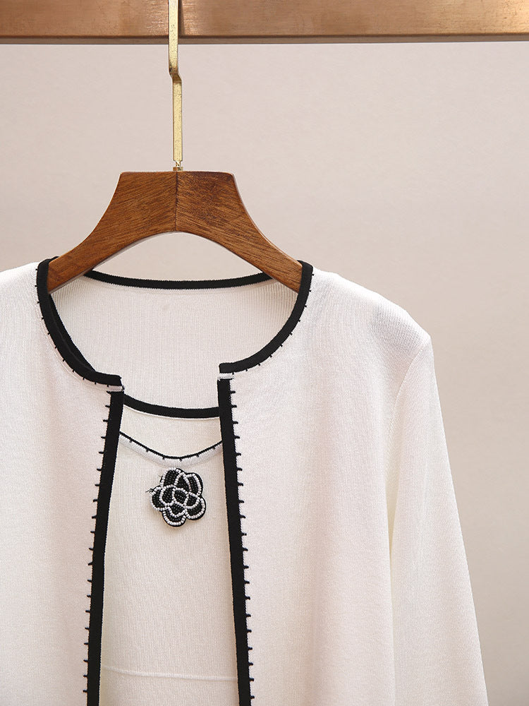 Camellia Embellished Knit Two-Piece Set | French Style Contrast Stitch Tank & Cardigan