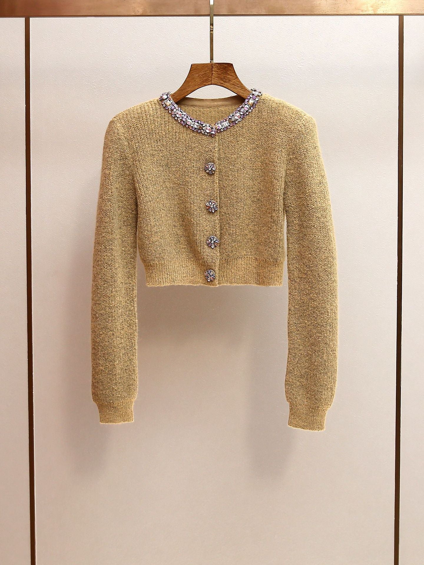 Women's Spring Rhinestone Cropped Cardigan, French Chic Elegant Dressy Knit Sweater Jacket