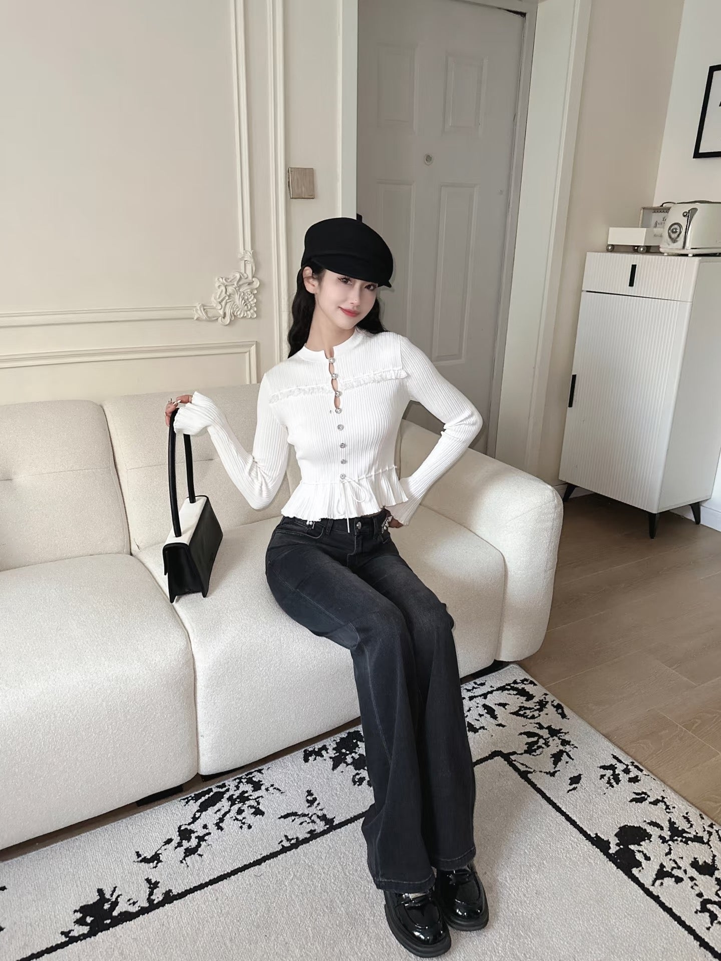 White Lace Trim Ribbed Knit Top | Flare Sleeve Tie Waist Sweater