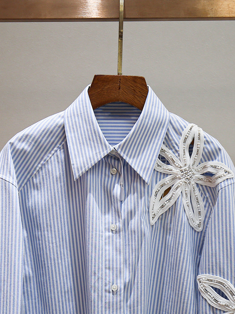 Women's Beaded Hollow Flower Lapel Irregular Striped Button-Down Shirt Top