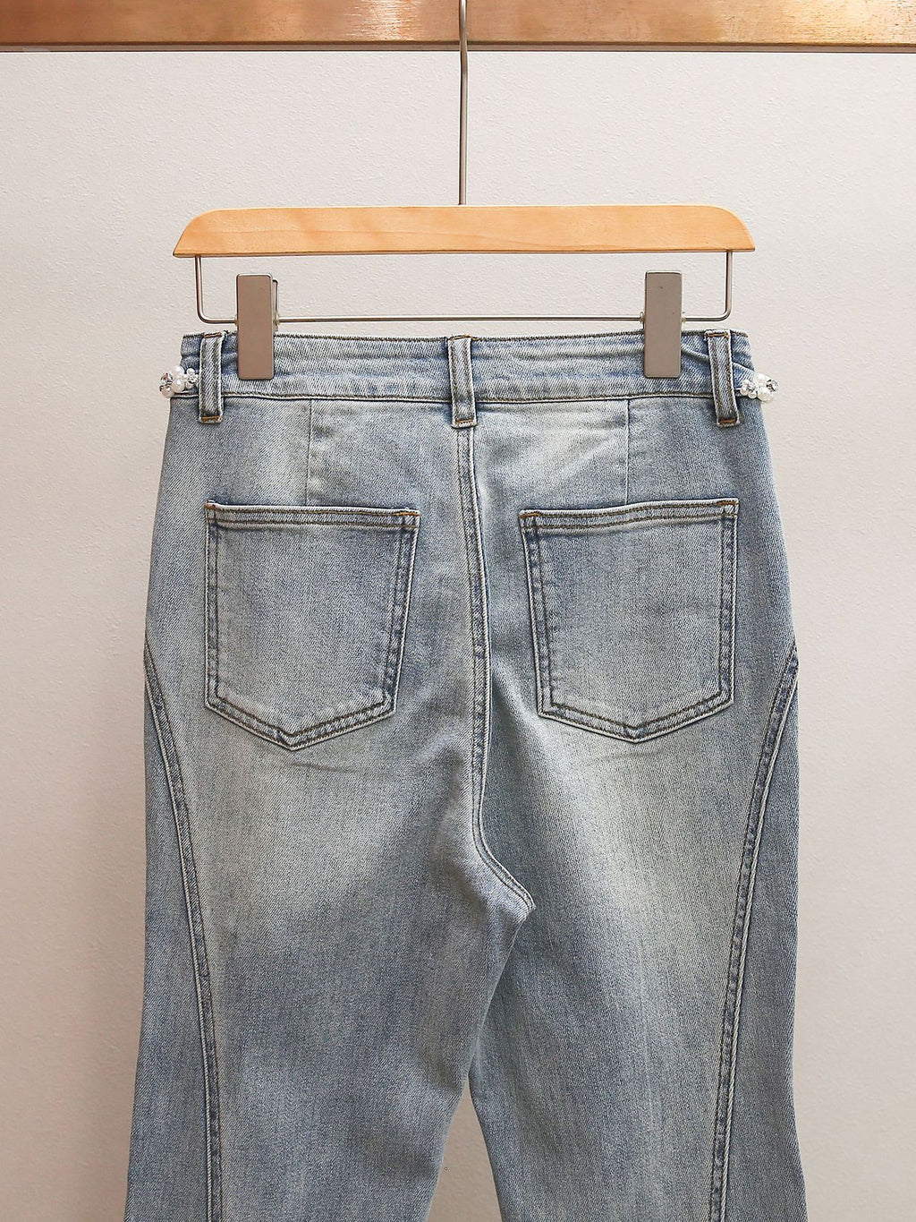 High Waist Beaded Flare Jeans | French Minimalist Rhinestone Denim Pants