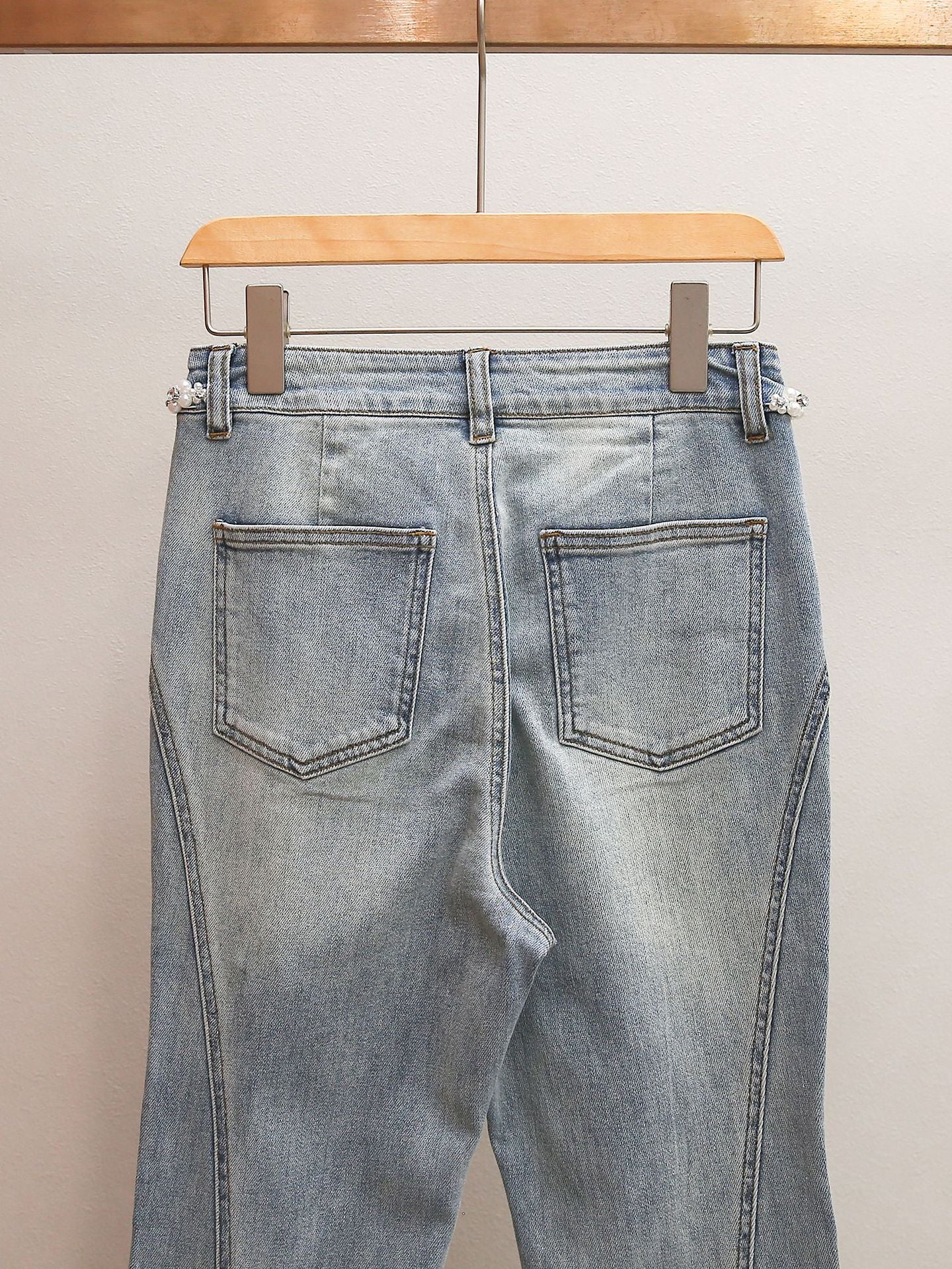 High Waist Beaded Flare Jeans | French Minimalist Rhinestone Denim Pants