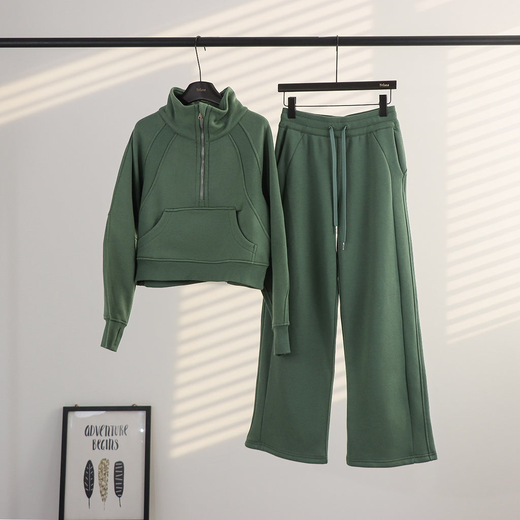 Women's Half-Zip Stand Collar Fleece Tracksuit Set – Oversized Scuba Hoodie & Wide Leg Yoga Pants for Workout & Lounge