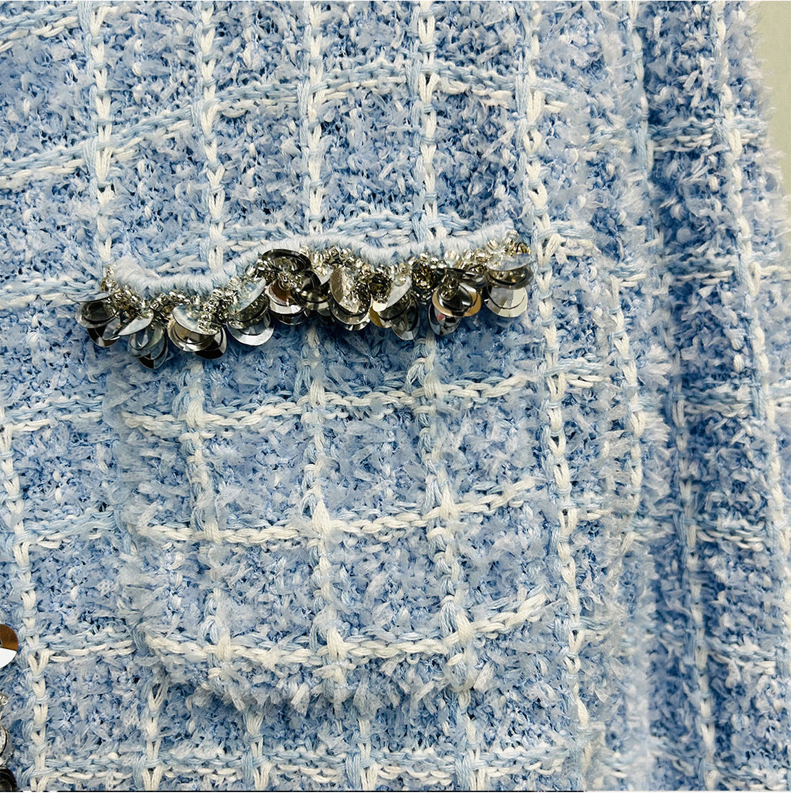 Blue Plaid Tweed 2 Piece Set with Rhinestones | Crop Blazer & Mini Skirt Suit