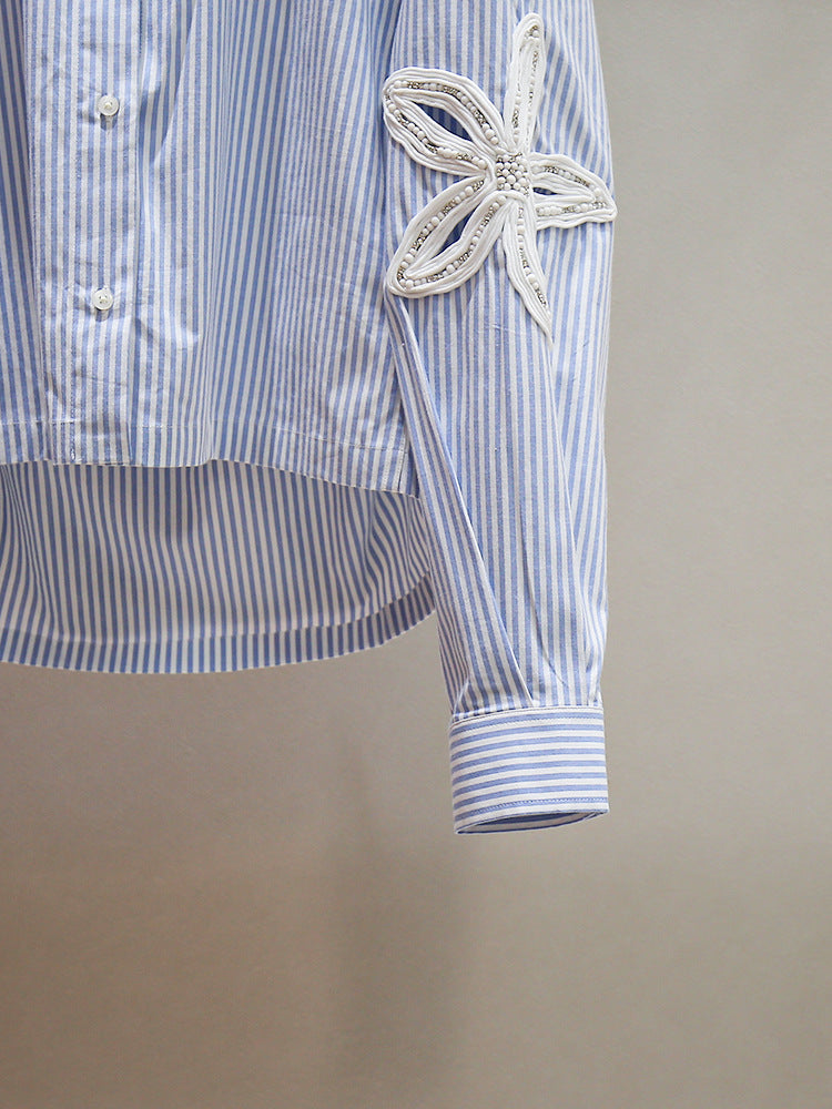 Women's Beaded Hollow Flower Lapel Irregular Striped Button-Down Shirt Top