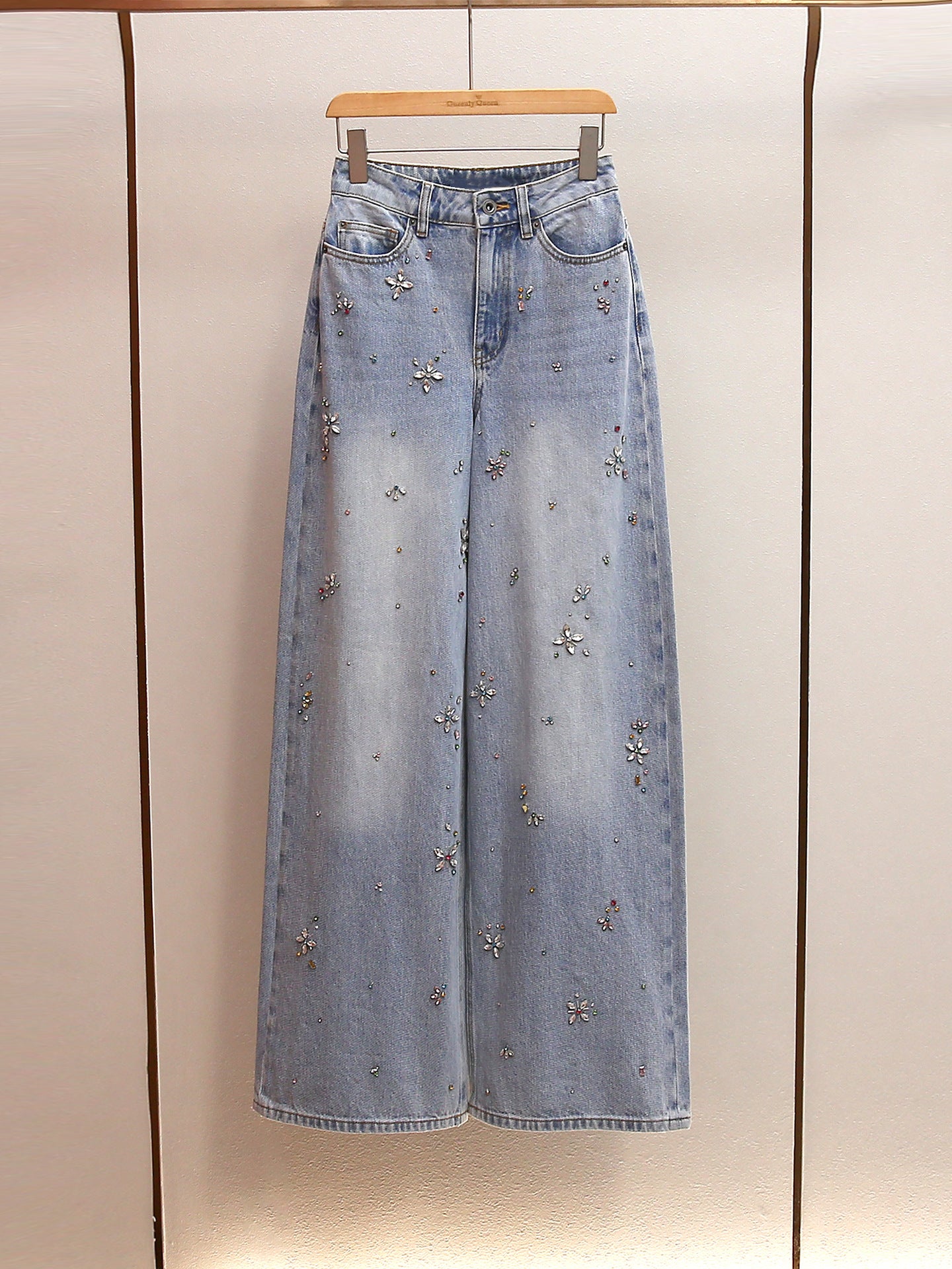 Rhinestone High Waist Wide Leg Jeans, Washed A-Line Commuter Denim Pants for Women