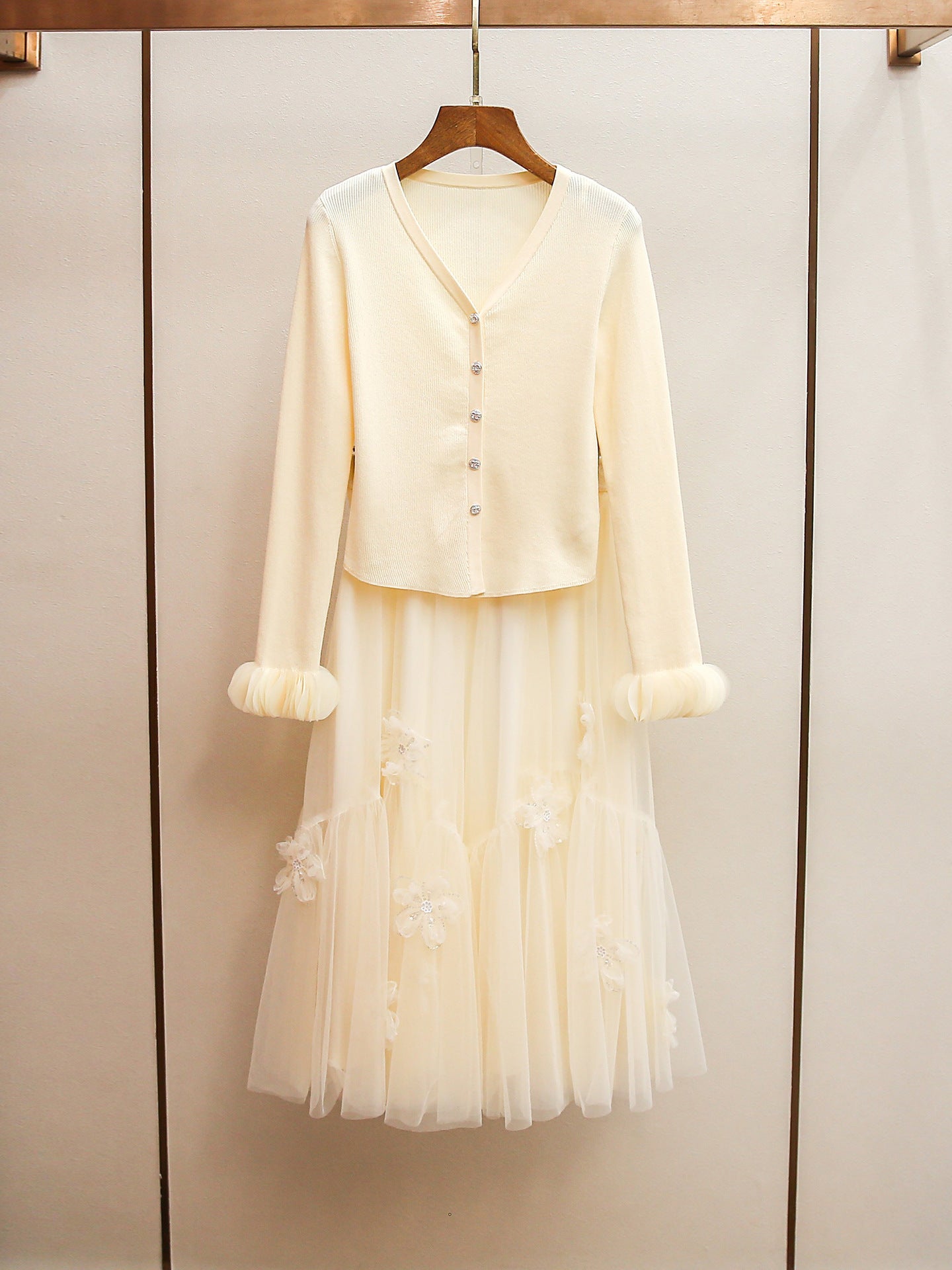 Cream Knit Cardigan & Floral Tulle Skirt Two-Piece Set | Spring Gentle Co-ord