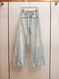 Rhinestone Embellished High-Waisted Wide Leg Jeans | Spring Light Wash Denim Pants