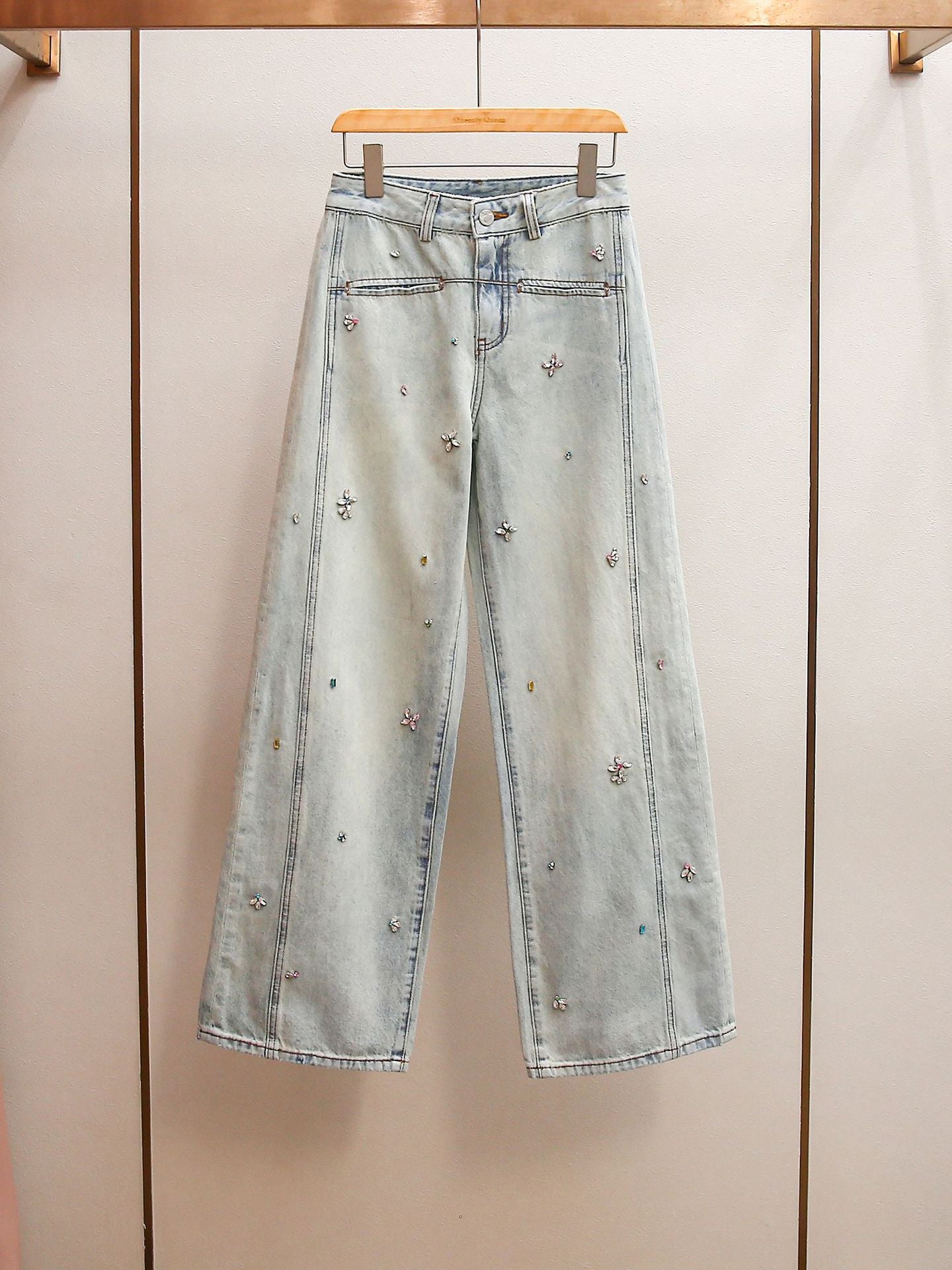Rhinestone Embellished High-Waisted Wide Leg Jeans | Spring Light Wash Denim Pants