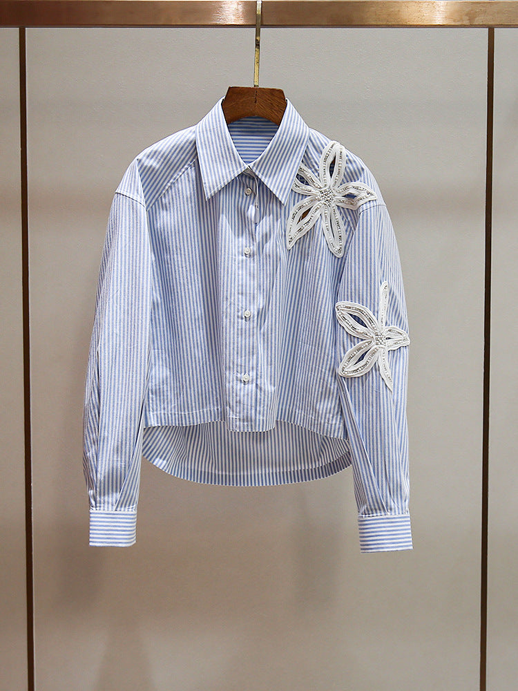 Women's Beaded Hollow Flower Lapel Irregular Striped Button-Down Shirt Top