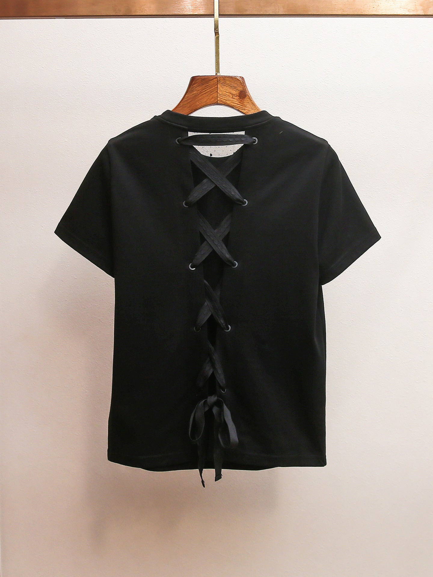 Back Lace-Up Rhinestone Bow T-Shirt | French Style Crew Neck Short Sleeve Top