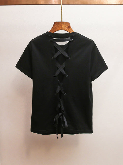 Back Lace-Up Rhinestone Bow T-Shirt | French Style Crew Neck Short Sleeve Top