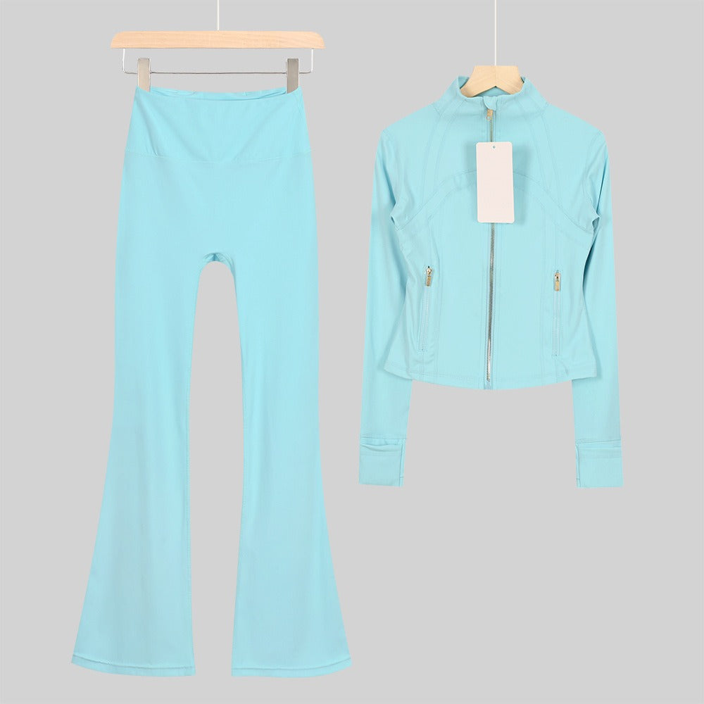 Women's Flared Cropped Stand Collar Yoga Tracksuit | Long Sleeve Zip-Up Jacket & Flare Leg Pants Set for Workout & Lounge