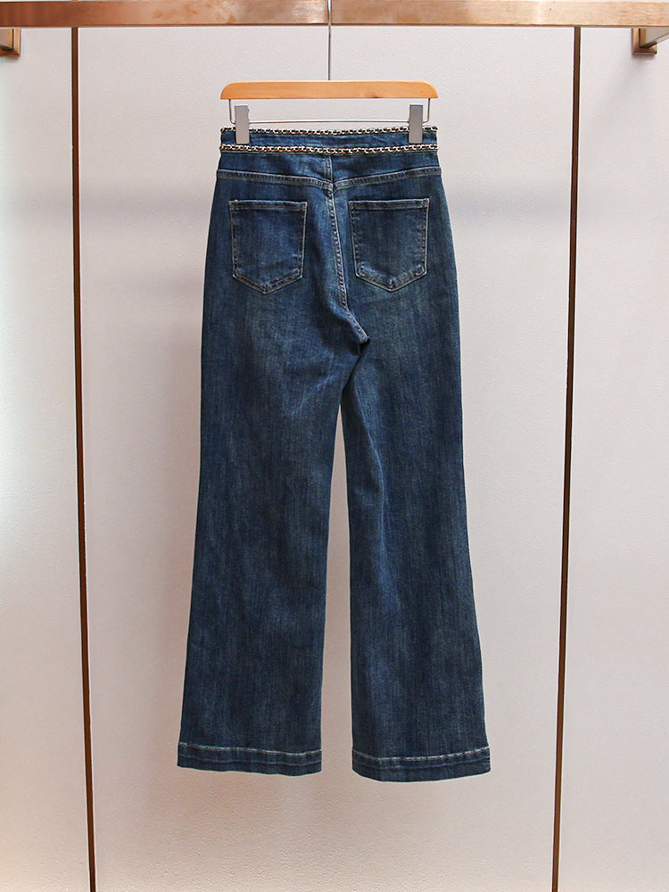 Women's Retro American Style Chain-Trim High-Waist Slimming Straight Wide-Leg Jeans