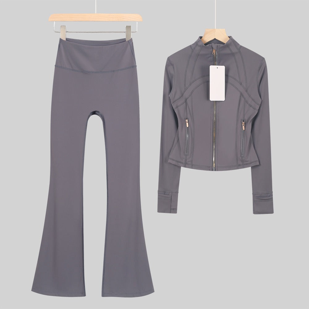 Women's Flared Cropped Stand Collar Yoga Tracksuit | Long Sleeve Zip-Up Jacket & Flare Leg Pants Set for Workout & Lounge