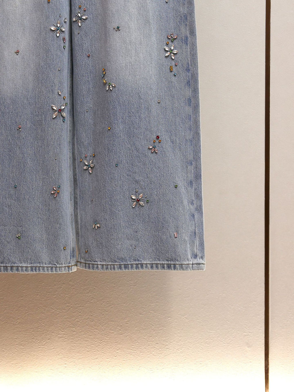 Rhinestone High Waist Wide Leg Jeans, Washed A-Line Commuter Denim Pants for Women