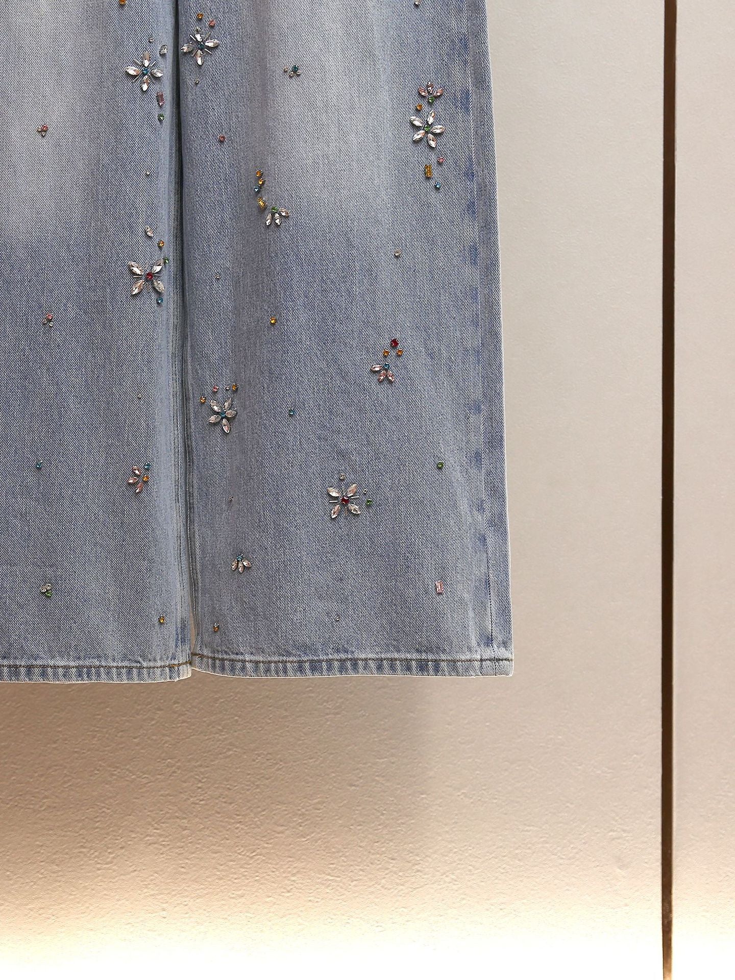 Rhinestone High Waist Wide Leg Jeans, Washed A-Line Commuter Denim Pants for Women