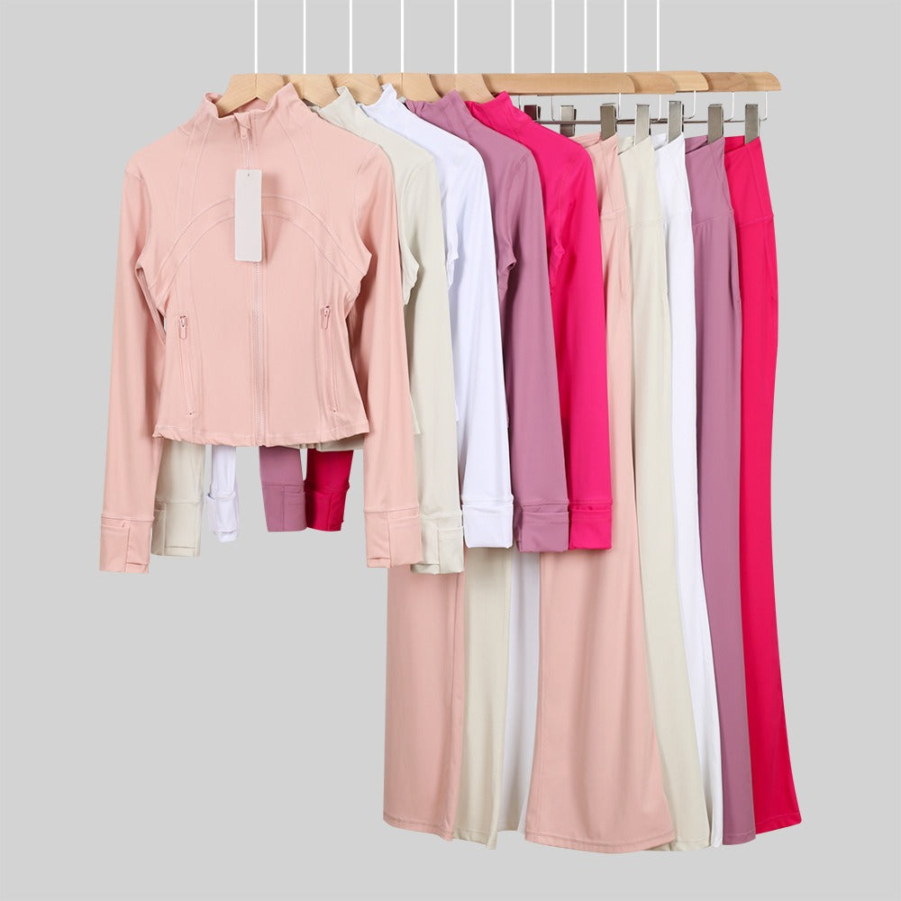 Women's Flared Cropped Stand Collar Yoga Tracksuit | Long Sleeve Zip-Up Jacket & Flare Leg Pants Set for Workout & Lounge