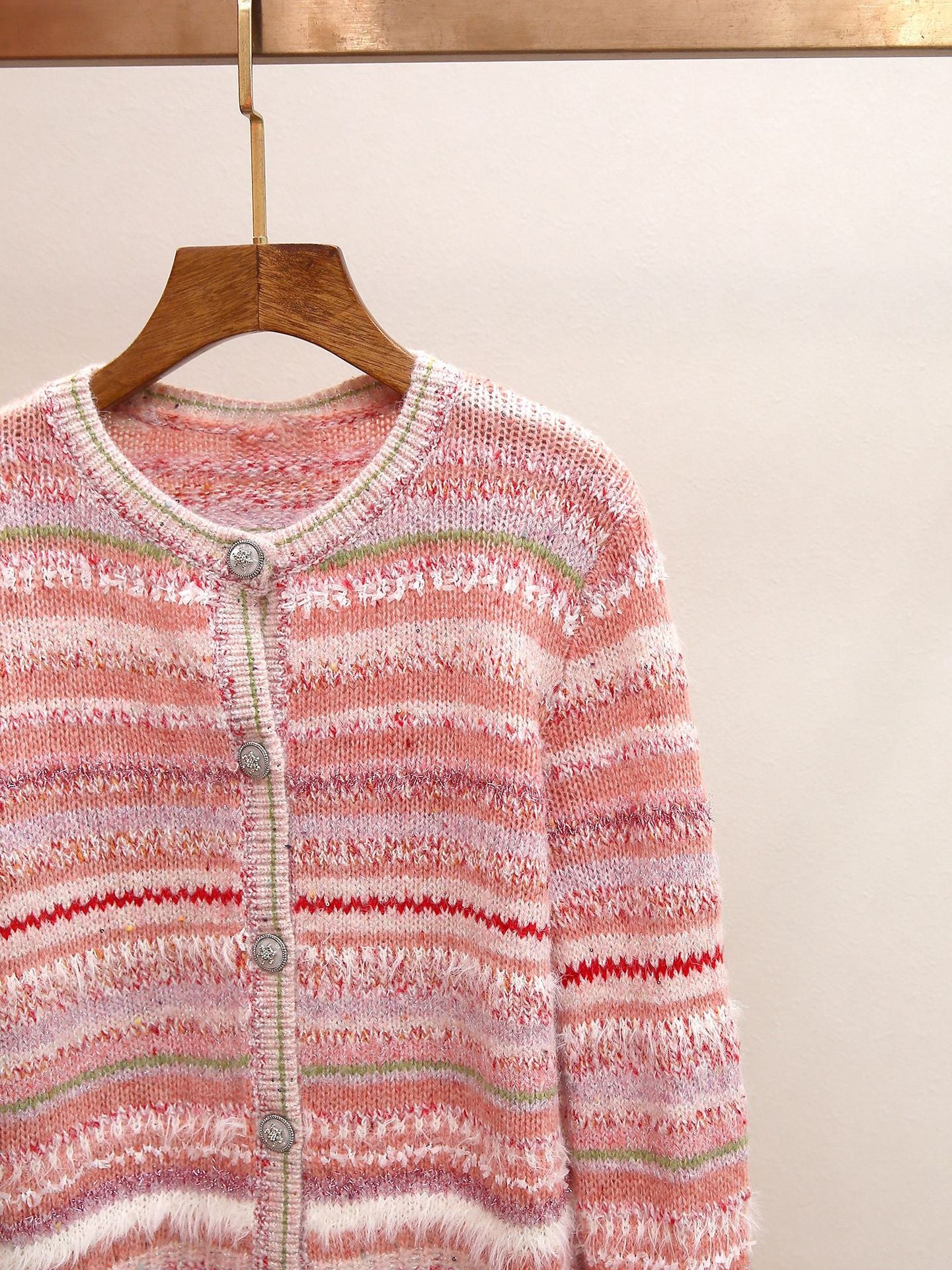 Women's Pastel Striped Knit Cardigan | Fluffy Fur Trim Cropped Knit Sweaters