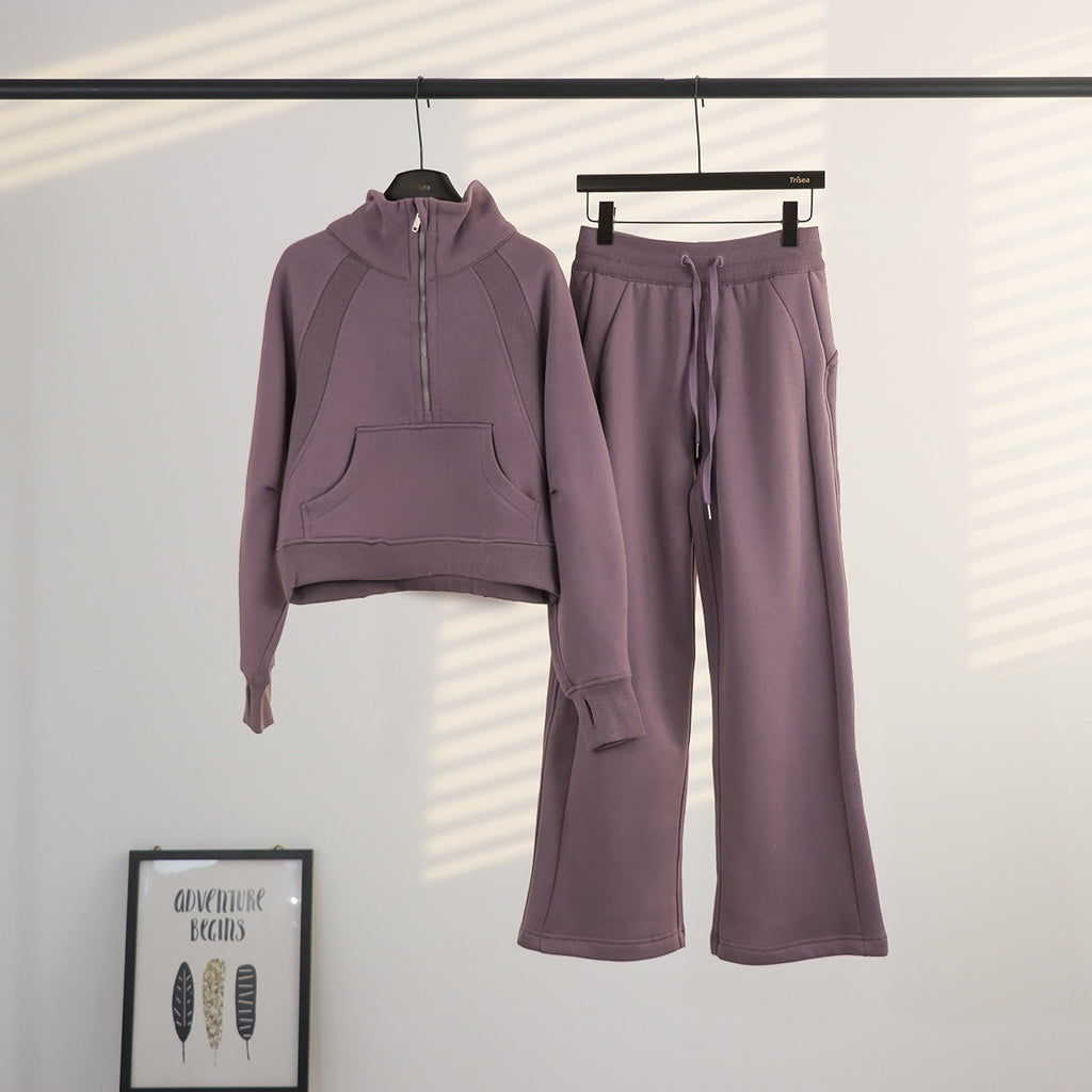 Women's Half-Zip Stand Collar Fleece Tracksuit Set – Oversized Scuba Hoodie & Wide Leg Yoga Pants for Workout & Lounge