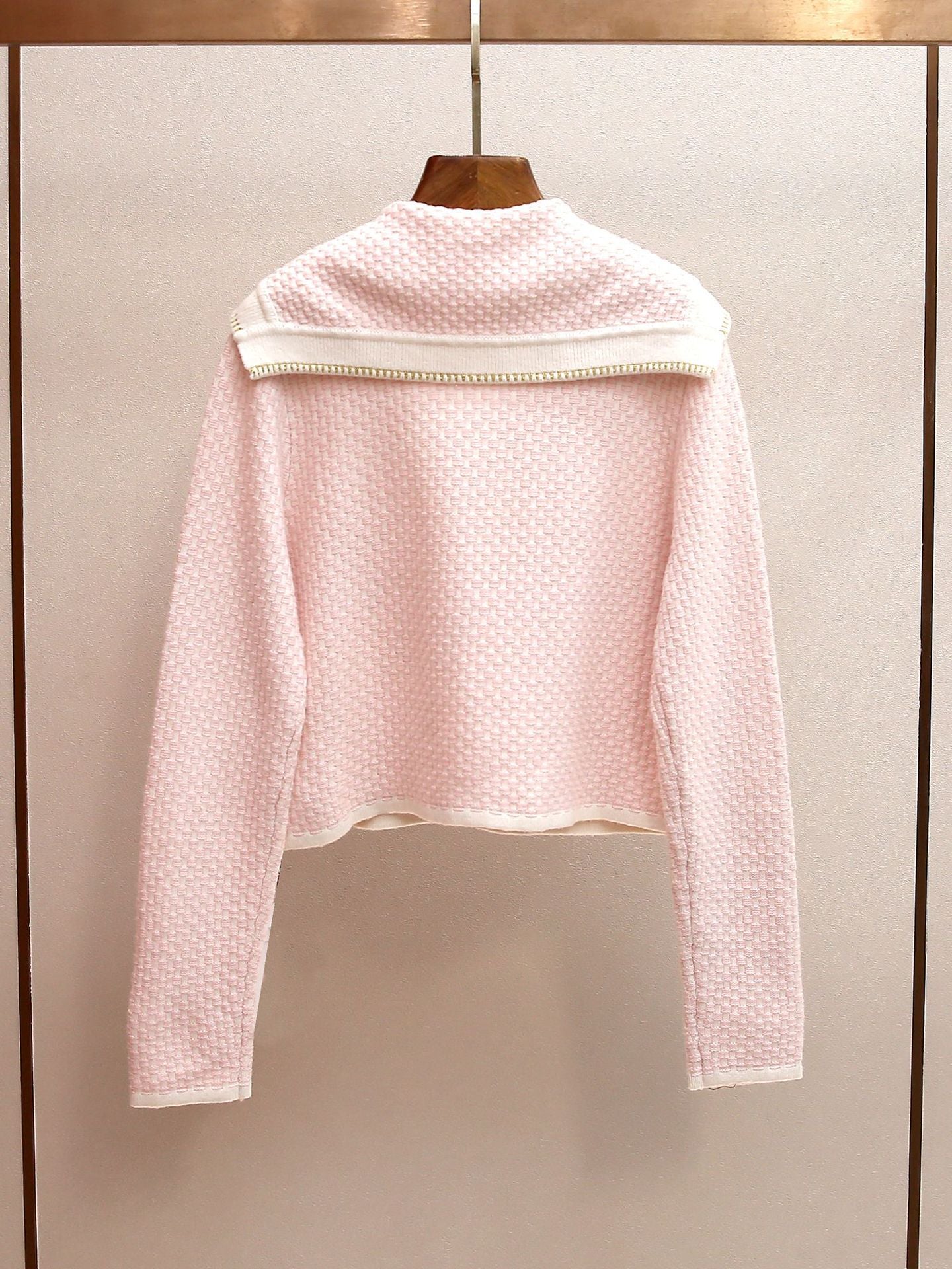 Women's Spring Sailor Collar Knit Cardigan, Color Block Textured French Chic Cropped Sweater Top