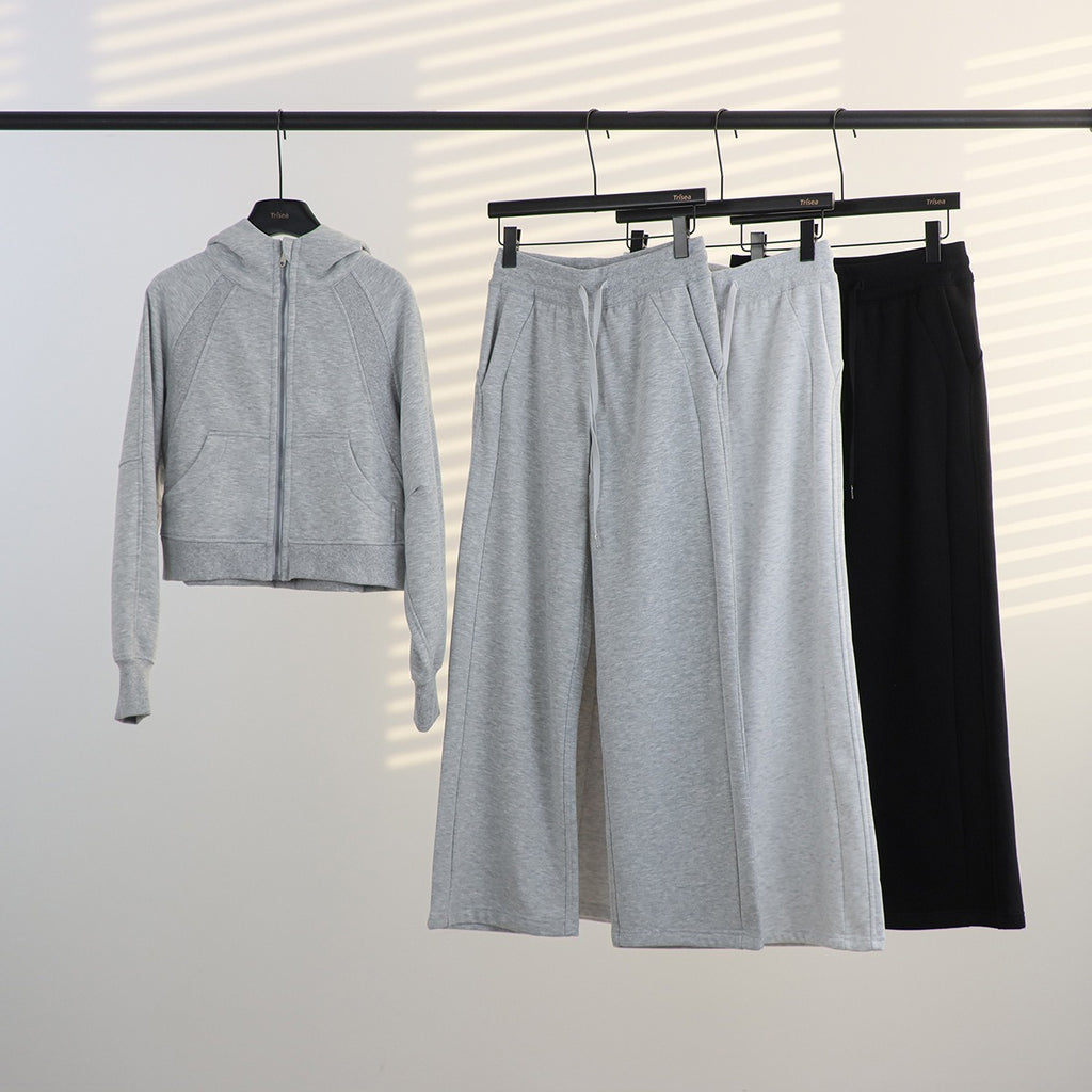 Women's Full-Zip Hooded Tracksuit Set – Oversized Stand Collar Jacket & High-Waist Wide Leg Pants for Yoga, Running & Fitness