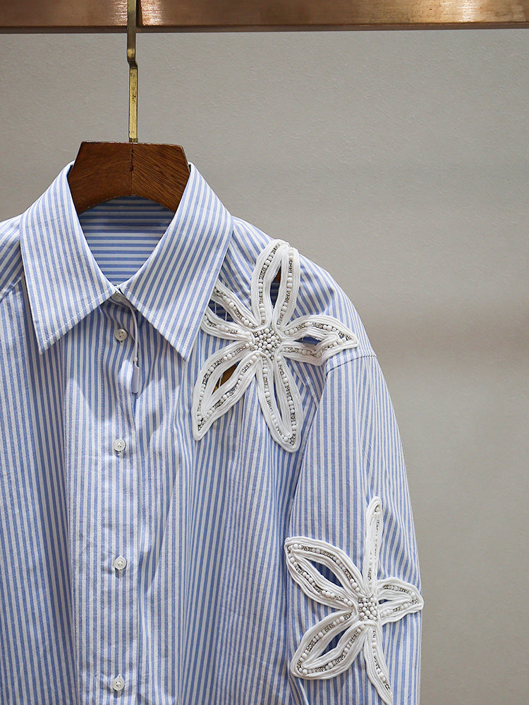 Women's Beaded Hollow Flower Lapel Irregular Striped Button-Down Shirt Top