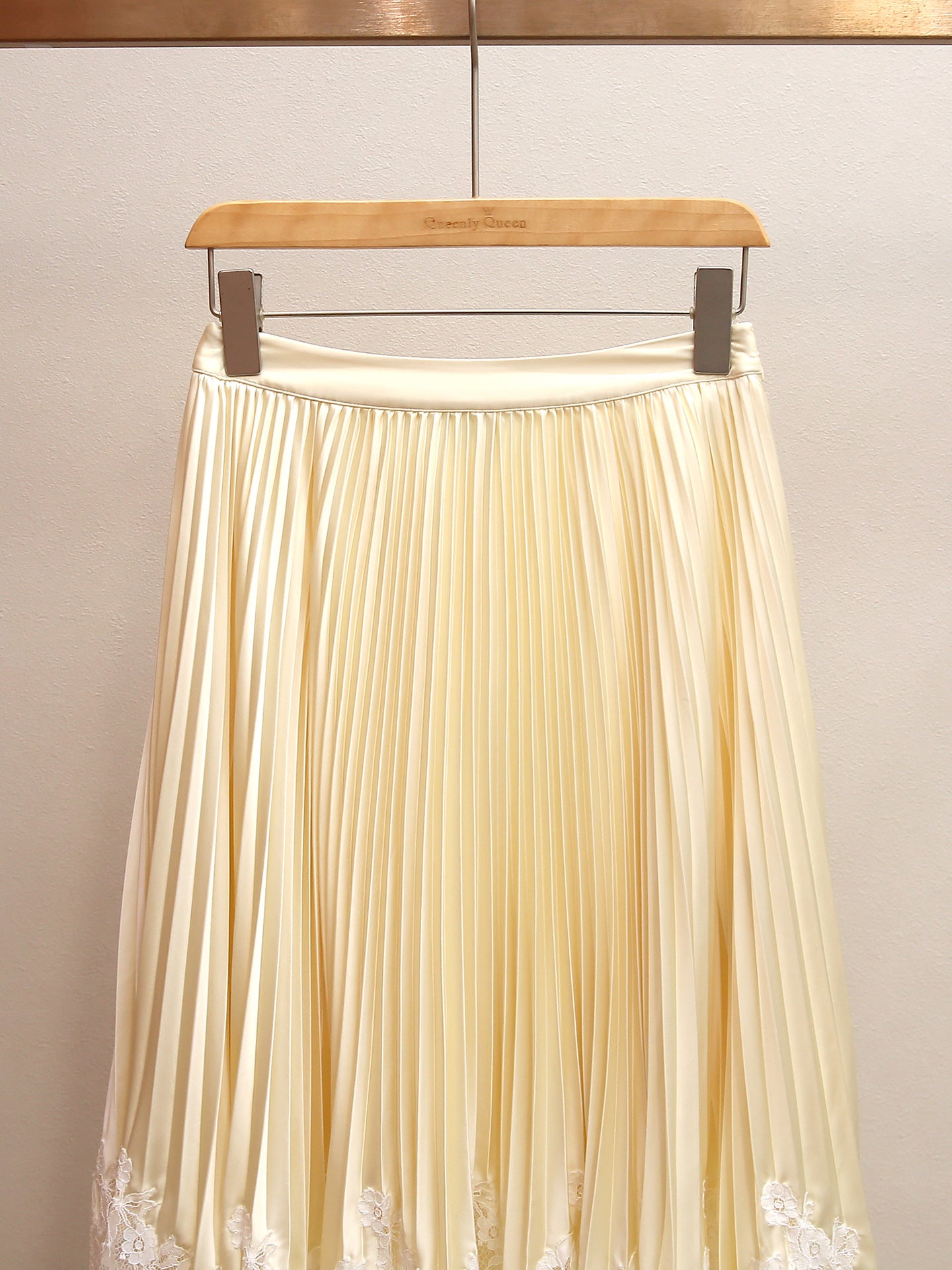 Buttercream Satin Pleated Midi Skirt with Lace Trim