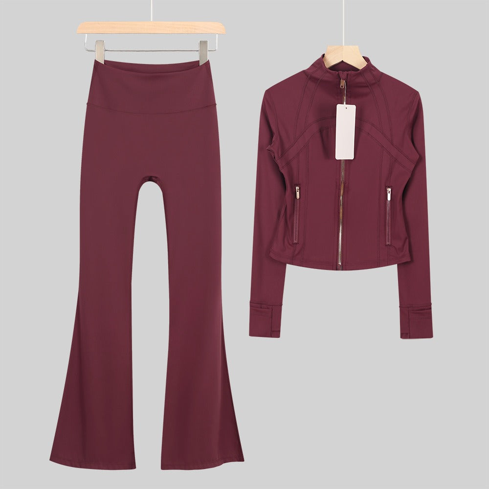 Women's Flared Cropped Stand Collar Yoga Tracksuit | Long Sleeve Zip-Up Jacket & Flare Leg Pants Set for Workout & Lounge