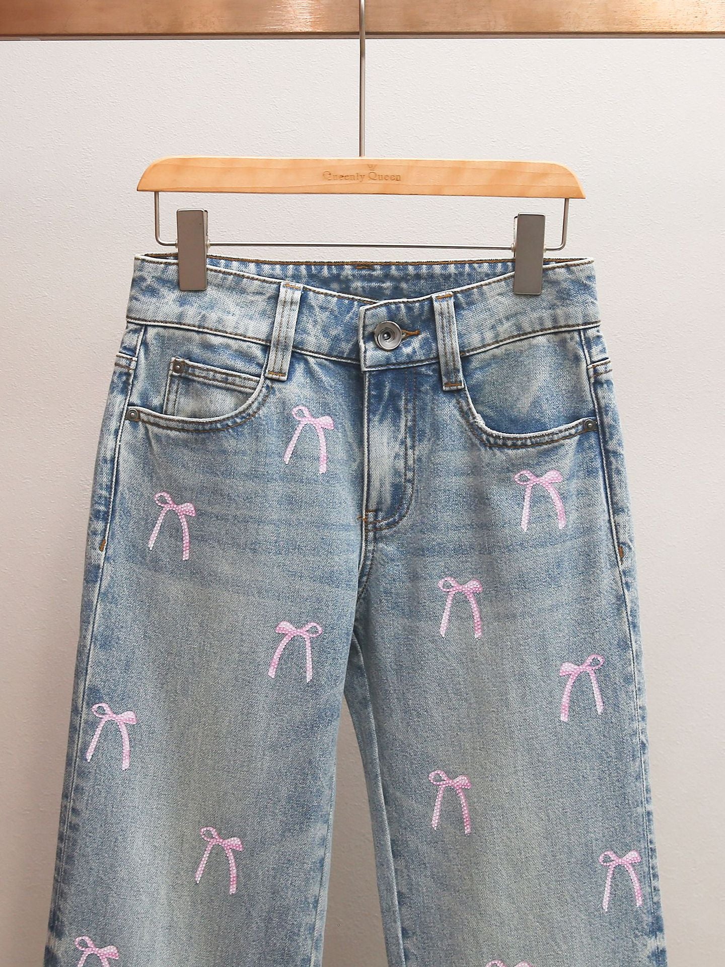 Pink Bow Embroidered High-Waisted Wide Leg Jeans | French Sweet Denim Pants