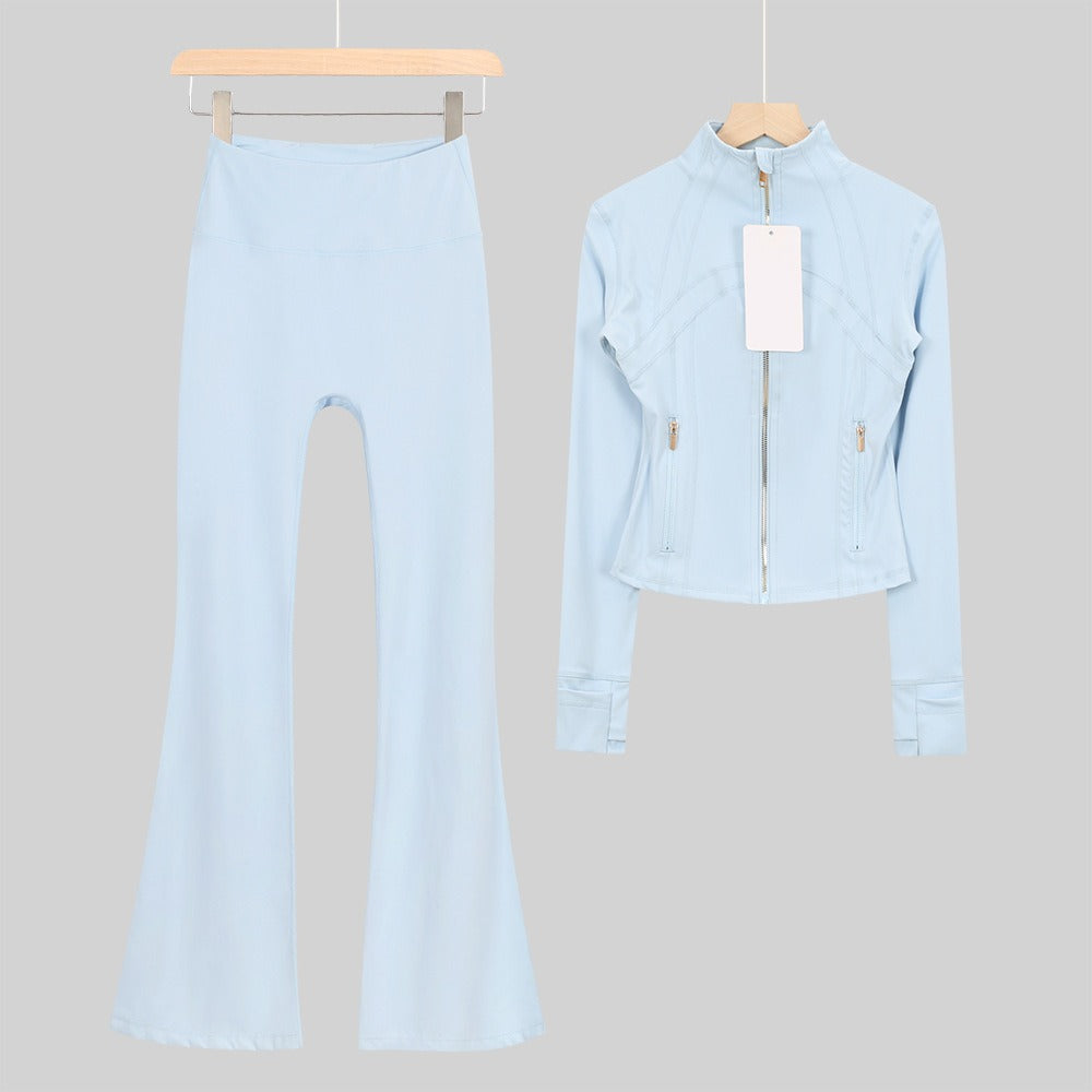 Women's Flared Cropped Stand Collar Yoga Tracksuit | Long Sleeve Zip-Up Jacket & Flare Leg Pants Set for Workout & Lounge