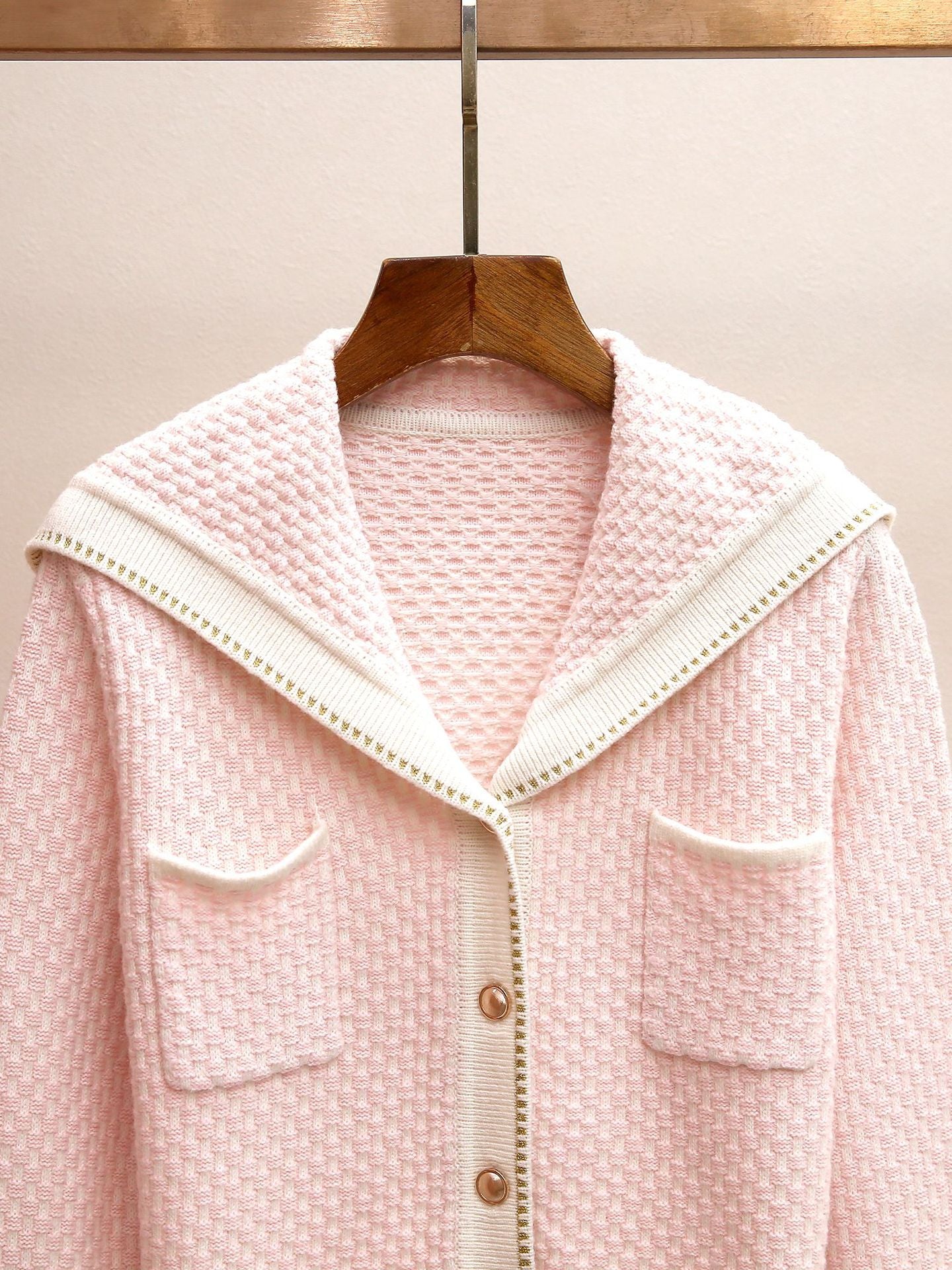 Women's Spring Sailor Collar Knit Cardigan, Color Block Textured French Chic Cropped Sweater Top