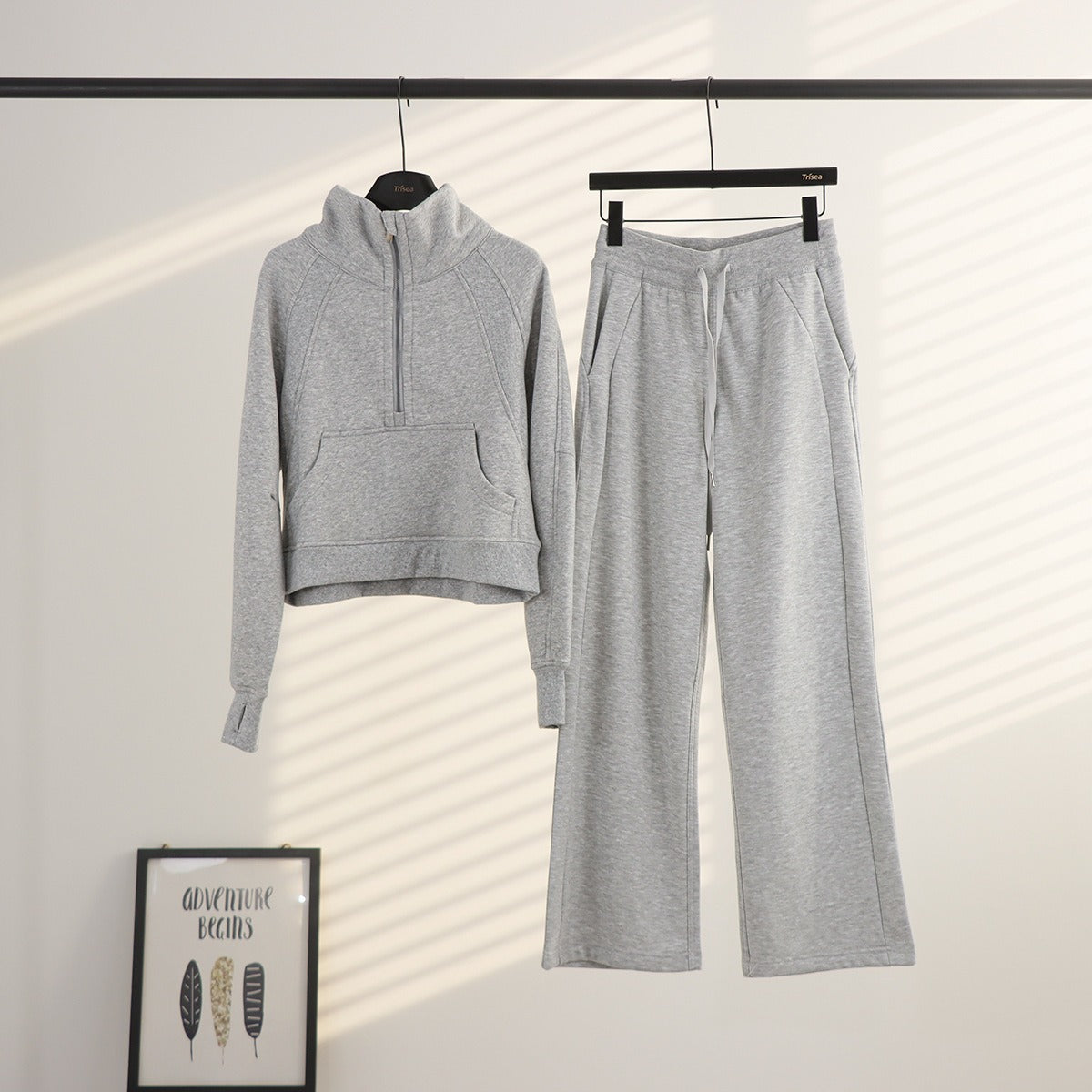 Women's Half-Zip Stand Collar Fleece Tracksuit Set – Oversized Scuba Hoodie & Wide Leg Yoga Pants for Workout & Lounge