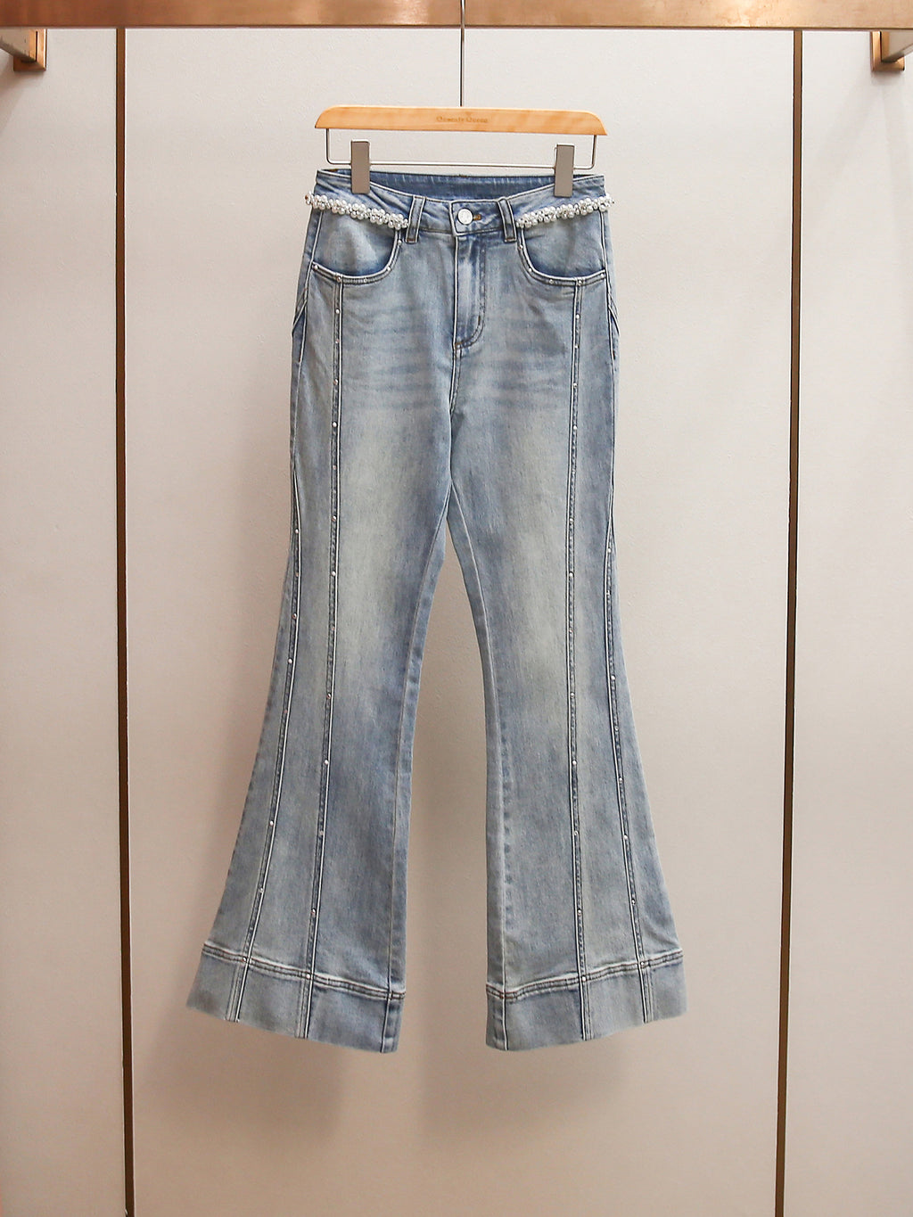 High Waist Beaded Flare Jeans | French Minimalist Rhinestone Denim Pants